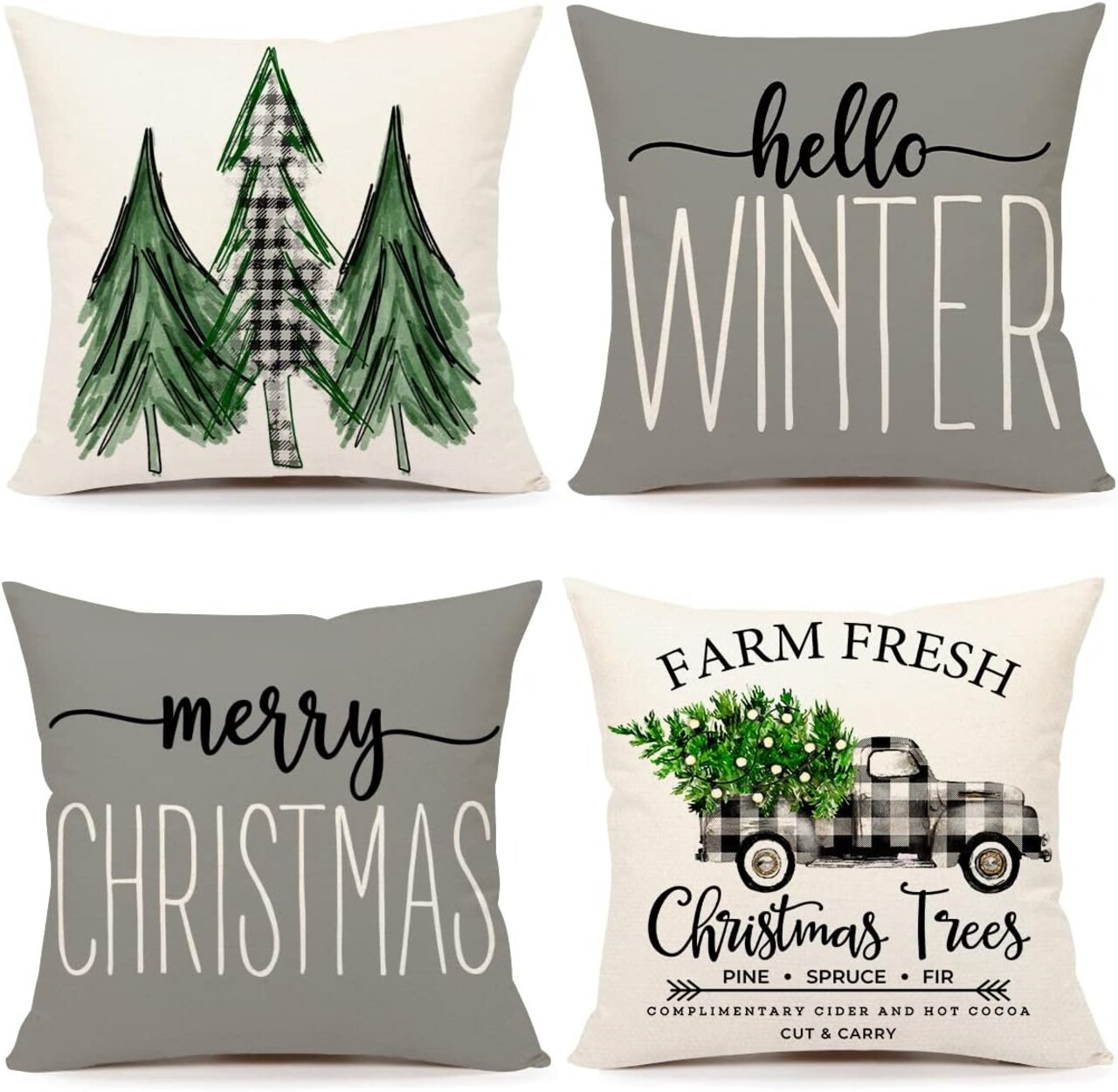Gray Christmas Pillow Covers 18x18 Set of 4 Farmhouse Decorations Merry Tree Truck Hello Winter Holiday Decor Throw Cushion Case for Home Couch S22C19